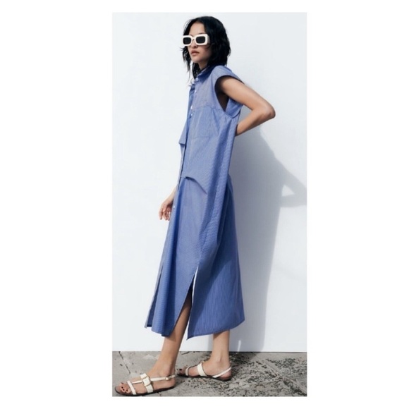 ZARA Blue Stripe Button Front Maxi Shirt Dress XS Oversized NWT - Picture 9 of 14